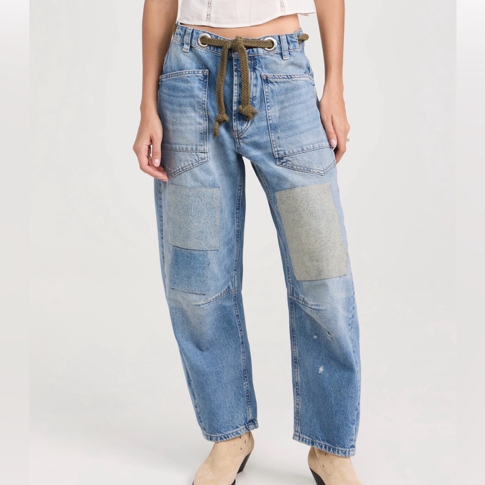 We The Free Light Blue Patchwork Boyfriend Jeans with Olive Drawstring